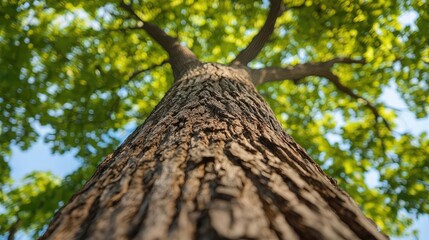 Fototapeta premium Tall tree with green leaves viewed from the ground, blue sky in the background.