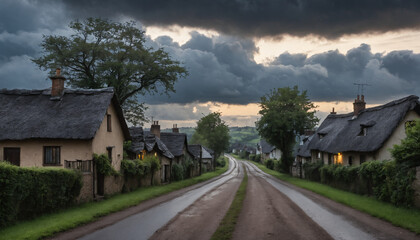 Quiet Village Road at Dusk Under a Brooding Sky with Heavy Clouds