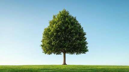 Naklejka premium Lone tree on a green hill against a clear blue sky, vibrant and serene natural scene.