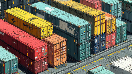 Fototapeta premium Colorful shipping containers stacked in busy port area, showcasing industrial logistics