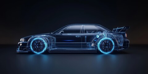 Naklejka premium Dynamic blue hologram display of car structure digital environment side view perspective technology concept