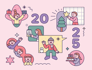 People are greeting the New Year in various frames. Sticker logo concept.