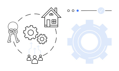 House with keys and gears surrounded by user icons and arrows, blue highlighted step. Ideal for real estate, property management, business processes, workflow, team collaboration, home ownership