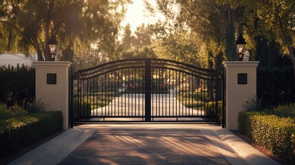 Obraz premium Elegant Black Wrought Iron Gate Entrance With Stone Pillars and Lush Greenery.