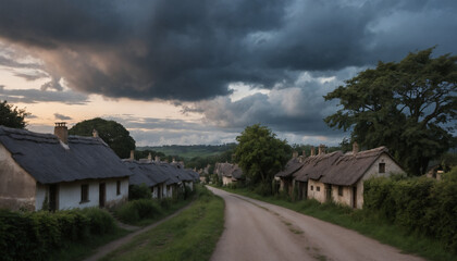 Quiet Village Road at Dusk Under a Brooding Sky with Heavy Clouds