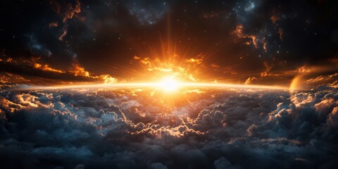 Fototapeta premium Majestic sunrise over clouds space digital art cosmic landscape aerial view celestial wonder for seo impact