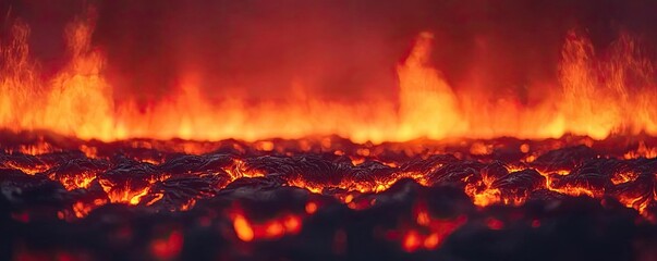 Lava flow in an active volcanic landscape, vibrant orange and red glow.