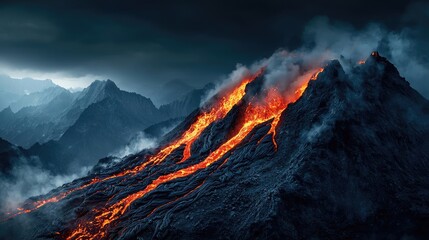 Volcanic eruption with flowing lava against a dark atmospheric backdrop.