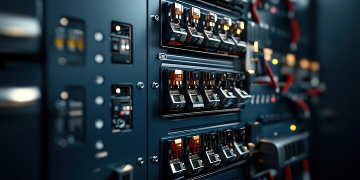 Electrotechnical switchgear installation industrial facility equipment showcase control room close-up power management solutions