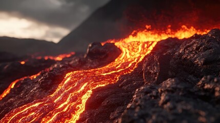 Lava flow from volcanic eruption, dynamic and glowing, dramatic landscape.