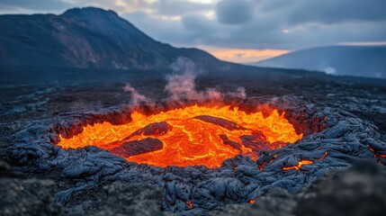 Active volcano with flowing lava during sunset, showcasing fiery natural beauty.