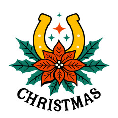Cute Christmas Cowboy Horseshoe with poinsettia and Holly Decoration for greeting card idea.