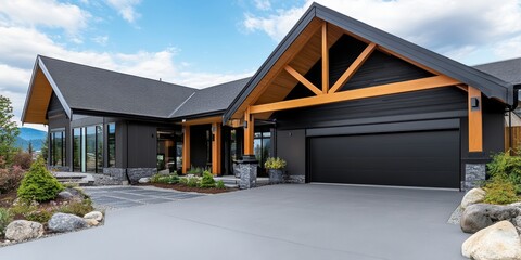 Modern garage entrance design with sectional doors contemporary home architectural photography outdoor environment front view aesthetic appeal