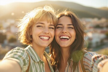 Fototapeta premium Joyful Friends Smiling Together During Sunset in a Scenic Outdoor Location