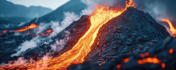 Erupting volcano with flowing lava against a dramatic twilight sky
