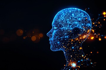 Obraz premium Futuristic Digital Profile of a Human-Like Robot with Circuit Patterns and Glowing Particles