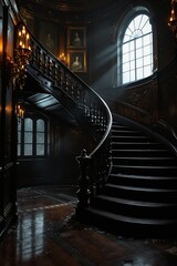 Obraz premium Grand Interior of an Opulent Victorian Staircase with Dramatic Lighting and Antique Portraits