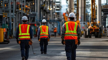 Three Construction Workers Walking Away From Industrial Site
