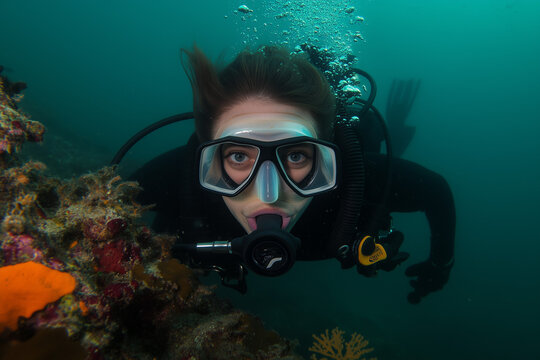 Portrait of woman with scuba diving equipment, Selective focus diver on snorkeling to see beautiful coral, Selfie shot of free diving in the sea.