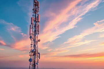 Vibrant Sunset Over a Communication Tower with Signal Equipment