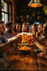 Group of Friends Celebrating with Cheers and Beer in a Cozy Bar Setting