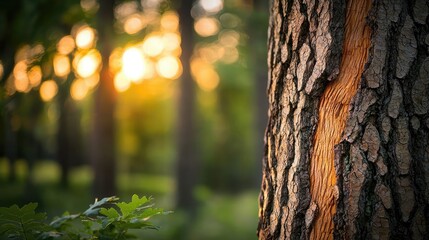 Obraz premium Close-up of tree bark with sunlight filtering through a forest backdrop.