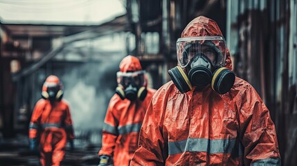 Hazmat Team in Orange Suits and Gas Masks in a Damaged Building