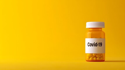 A bottle of pills labeled 'Covid-19' against a bright yellow background.