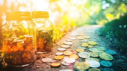Retirement planning, Financial literacy, Financial goals for retirement, setting milestones for the future with a path leading to goals and savings jars