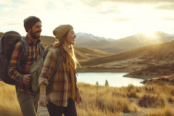 Happy Couple Hiking Together in a Scenic Mountain Landscape at Sunset, Embracing Adventure and Connection