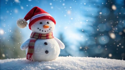Fototapeta premium Snowman wearing a Santa Claus hat, winter, holiday, snow, festive, Christmas, decoration, cute, seasonal, cold, snowman, traditional