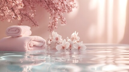 A luxurious spa advertisement design featuring soft pastel tones, flowing water elements, and calming typography to evoke relaxation and tranquility.