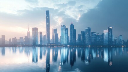 Fototapeta premium A city skyline with tall skyscrapers reflected in the water at sunrise.