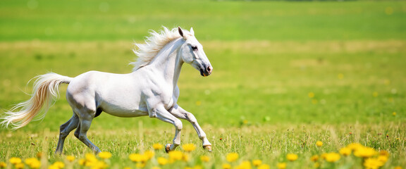White horse running through green meadow with yellow flowers
