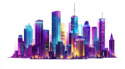 New York City skyline at night with illuminated skyscrapers on an isolated white background. Concept of cityscape and urban design template 