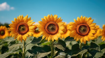 Obraz premium Vibrant sunflowers stretching towards a clear blue sky, a picturesque field bursting with color and warmth.