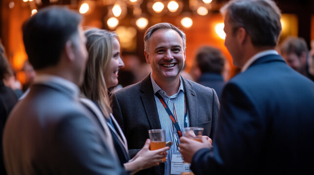 Business Professionals Socializing and Networking with Drinks at an Evening Event Under Warm Lights