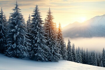 Obraz premium A snowy landscape with a beautiful sunset in the background