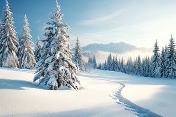 A snowy landscape with a lone tree in the foreground