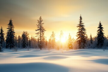 A snowy field with trees in the background and a sun setting in the sky