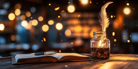 Writing inspiration vintage quill pen open book inkwell on wooden desk cozy atmosphere still life