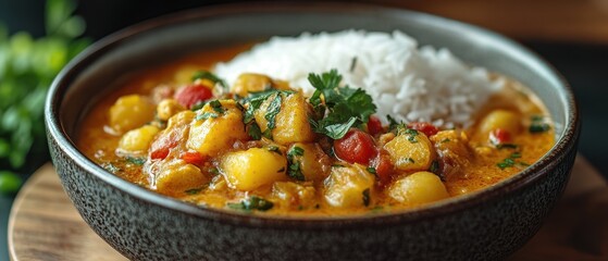 Vibrant Thai green curry with tender chicken, fragrant herbs, served alongside fluffy jasmine rice, showcasing rich colors and textures