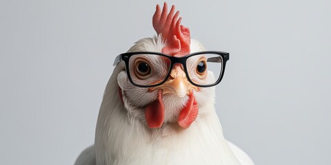 Charming action of a white chicken wearing black rimmed glasses in front of a white background for creative photography