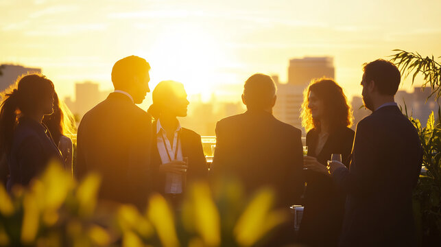 Business Professionals Networking on a Rooftop Terrace During a Sunset Event with City Skyline Views
