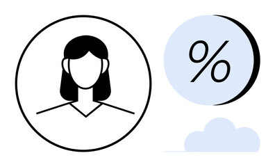 Female avatar profile in circular frame, percentage symbol, and cloud. Ideal for user profiles, statistics, data analysis, digital services, web design, apps, social media. Line metaphor