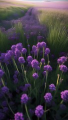 Obraz premium Purple blossoms thriving in a lush green field during golden hour by a tranquil countryside path. Generative AI