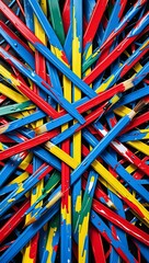 Colorful arrangement of pencils stacked in a chaotic pattern with vibrant hues in a creative workspace. Generative AI