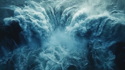 Aerial view of a powerful waterfall with swirling mist.
