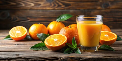 Freshly squeezed orange juice in a glass with sliced oranges on a wooden table, citrus, fruity, breakfast, healthy