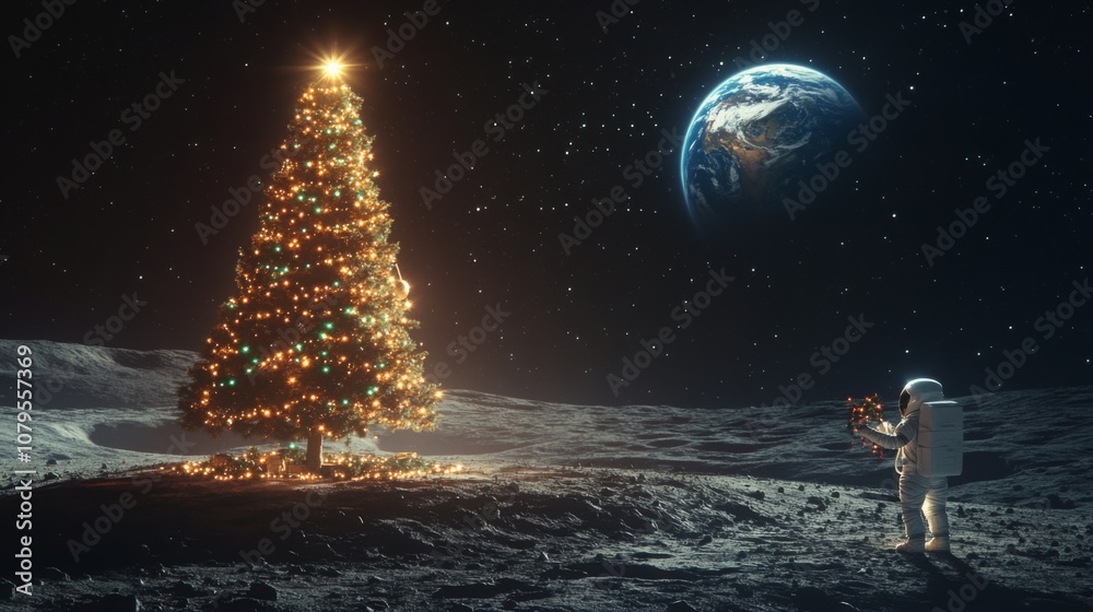 Aufkleber an astronaut stands on the surface of the moon, illuminated by a glowing christmas tree. earth hangs